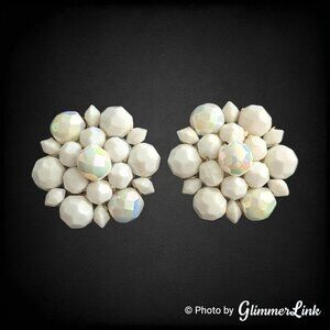 Vintage Western Germany White AB Bead Snowflake Cluster Clip On Earrings